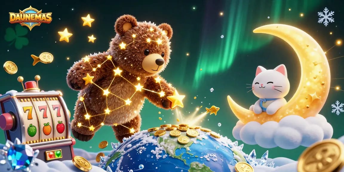 DAUNEMAS showcases an enchanting 3D constellation bear and slot elements, inviting players to fortune.