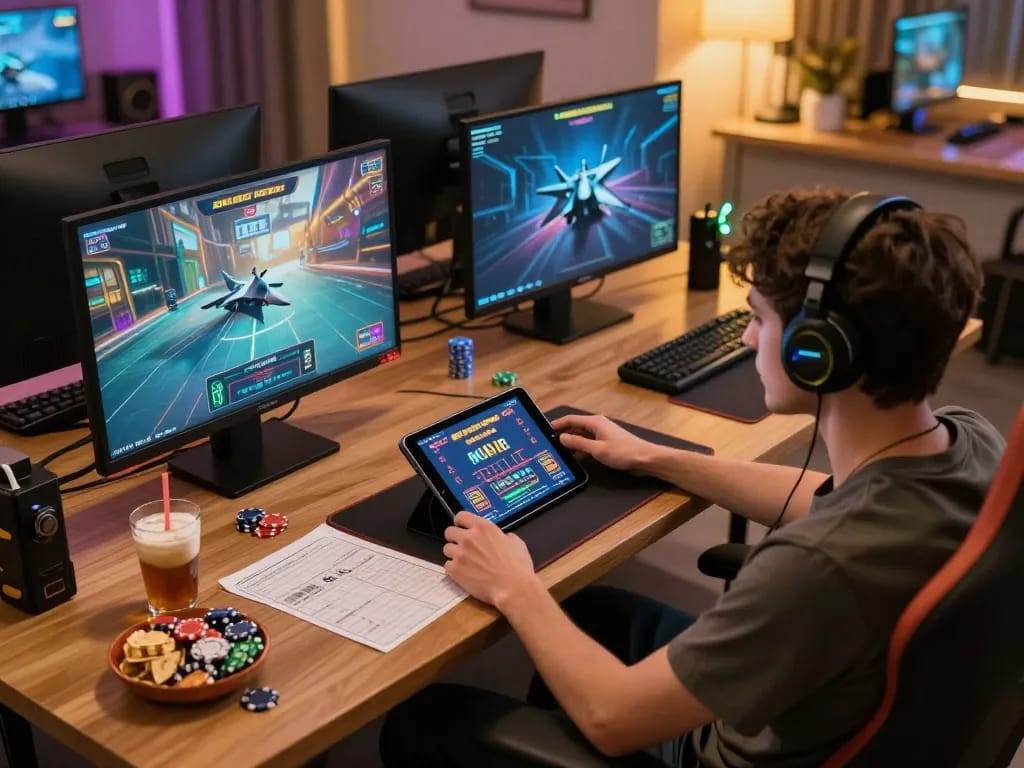 Engaging in online gaming at F168 with live games displayed on tablet and strategic notes.