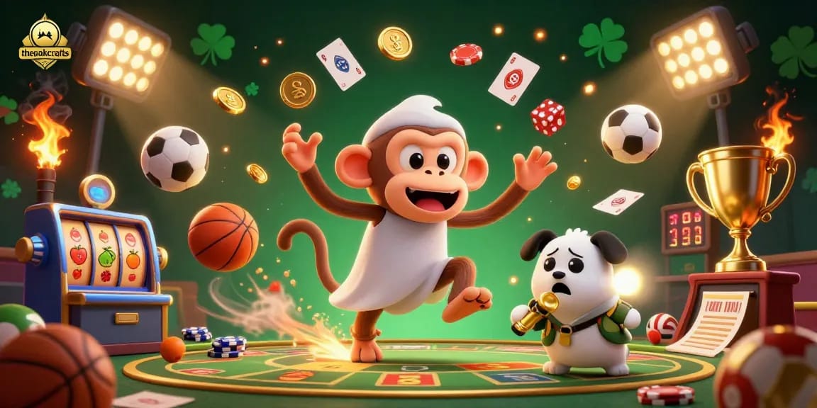 Thepakcrafts showcases thrilling casino action with a playful poltergeist monkey, golden winnings, and sports excitement.