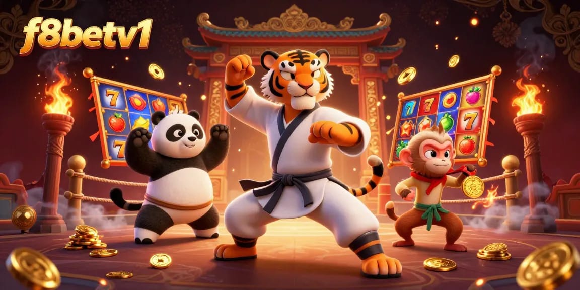 Engage with f8betv1's vibrant online casino world featuring animated characters amidst thrilling slot games.