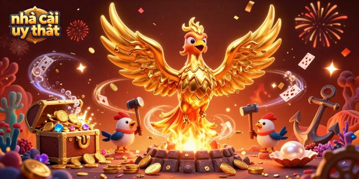 Engage with nhà cái uy tín as golden phoenix transforms into coins, while festive elements surround