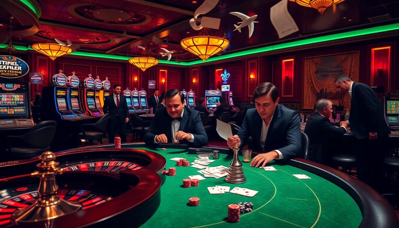 Players engage in thrilling games at the luxurious b52-themed casino, highlighting excitement.
