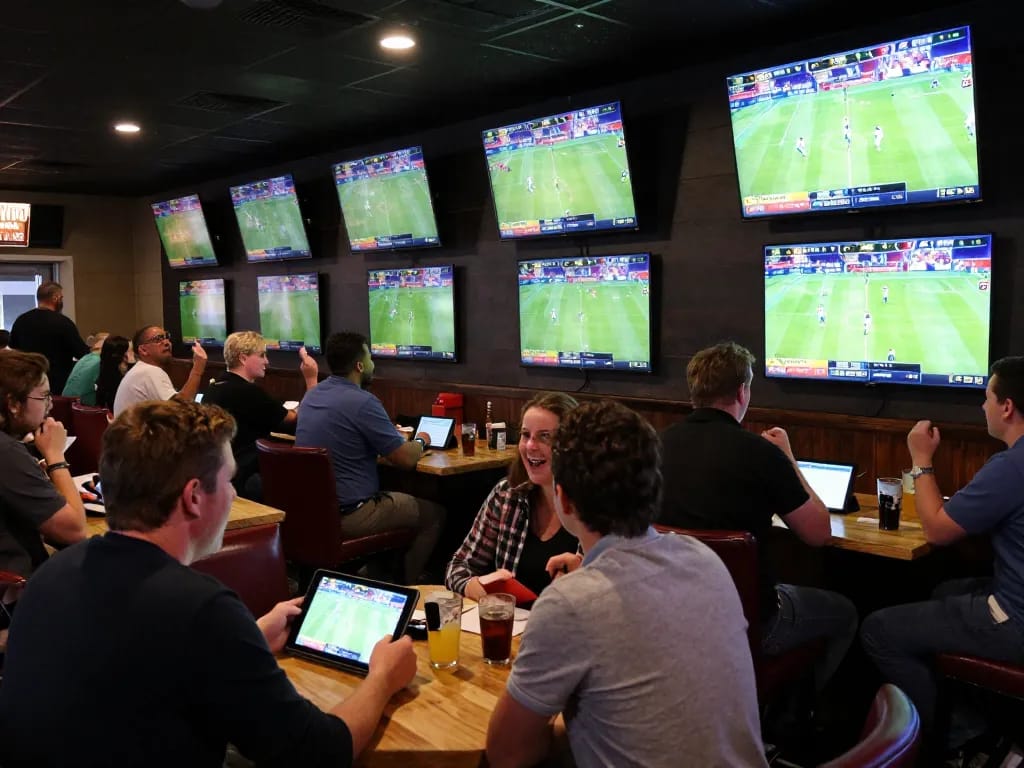 Sports betting excitement at a lively bar with fans placing bets using kèo nhà cái while watching live sports events.