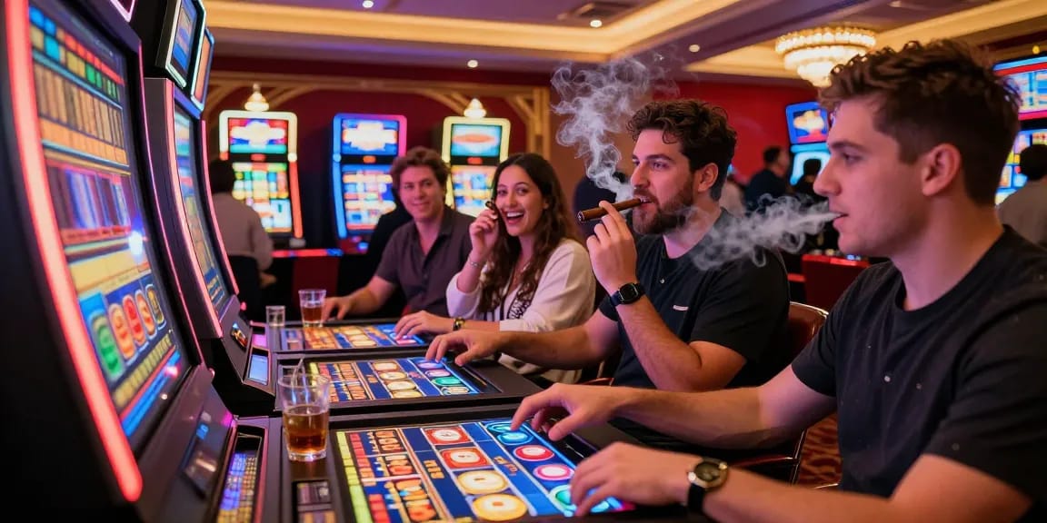 Pajaktoto gaming scene with excited players at slot machine in vibrant casino atmosphere.