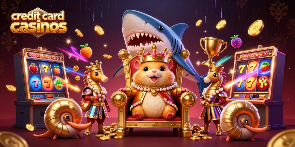Experience exciting gameplay at credit card casinos with vibrant slots and a whimsical hamster king.