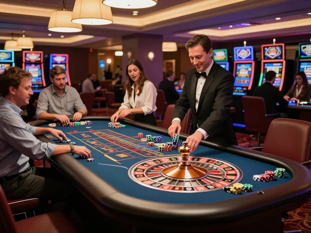 SC88 players placing bets at an engaging roulette table in a stylish casino atmosphere