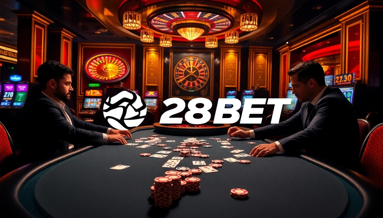 Engaged players at a vibrant poker table in a luxurious 28BET casino setting.