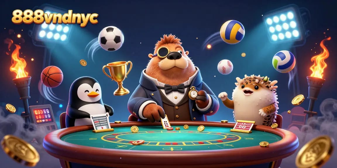 Experience the excitement with 888vndnyc's vibrant 3D casino scene packed with action and energy.