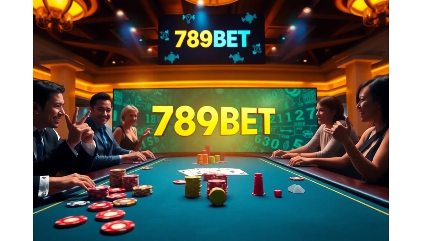 Players enjoying an exciting game at 789BET casino table, showcasing vibrant poker chips and cards.