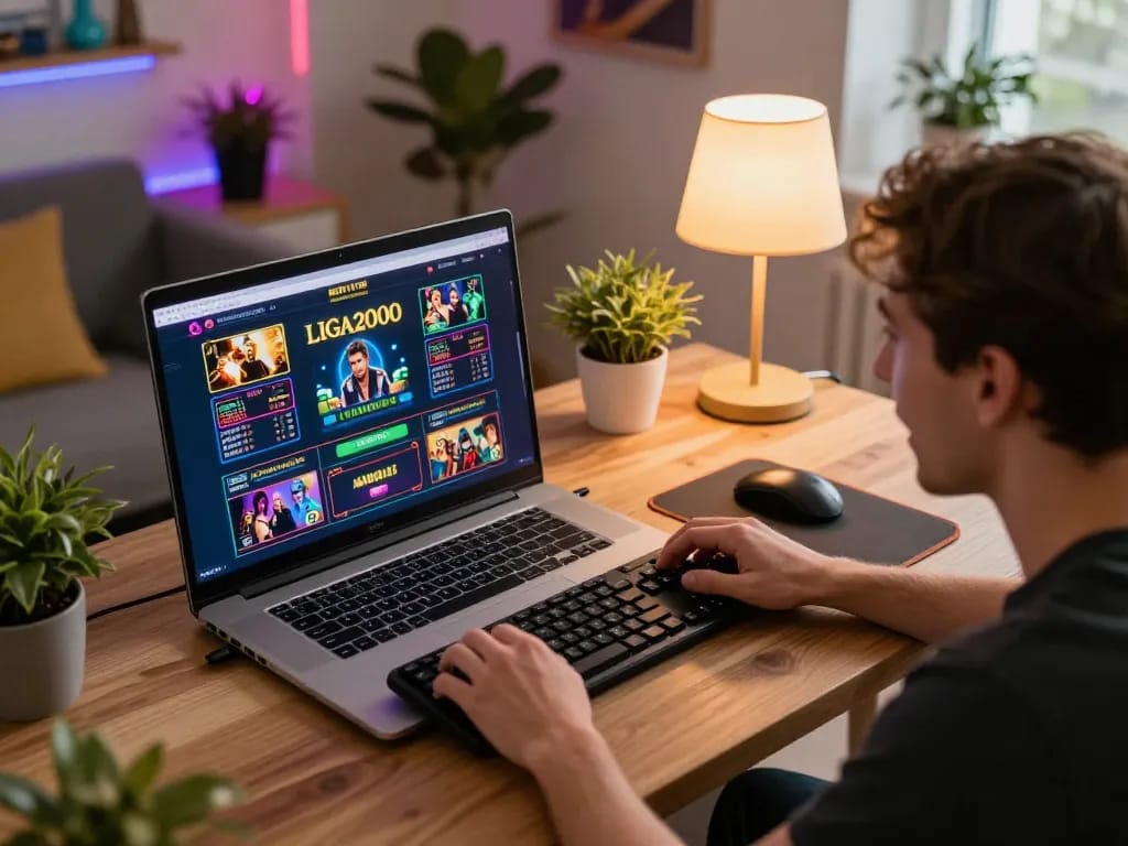 LIGA2000 online casino gaming with dynamic betting interface and cozy home setting.
