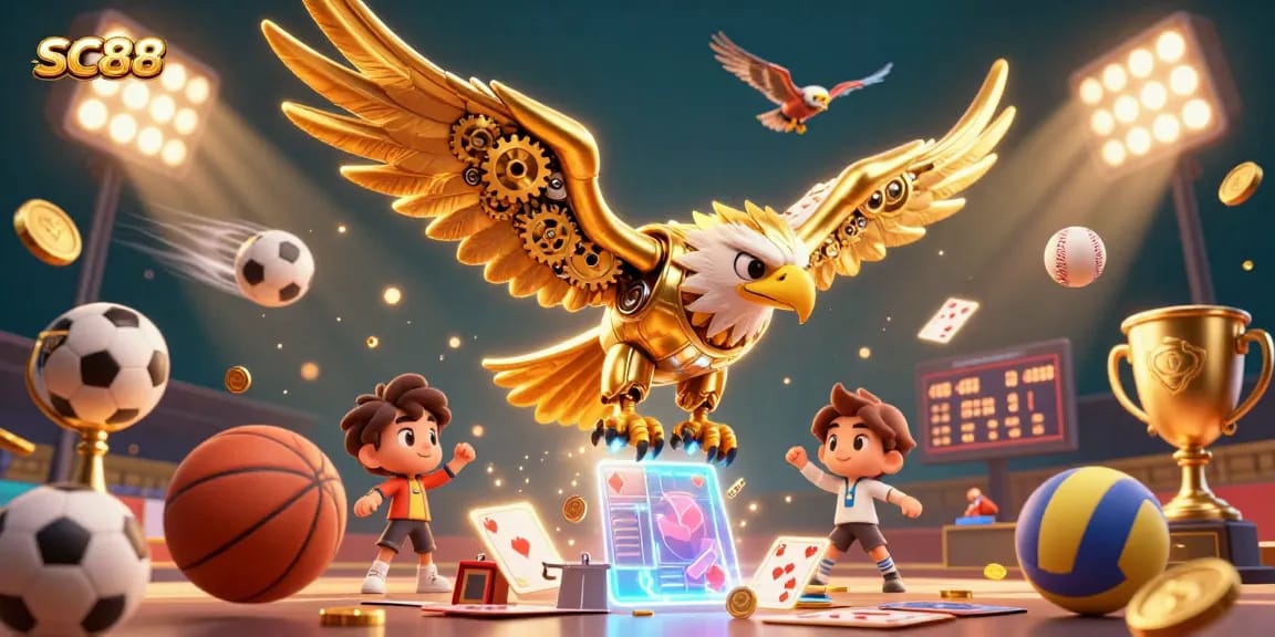 SC88 sports gambling illustration featuring a golden eagle and dynamic sports elements.