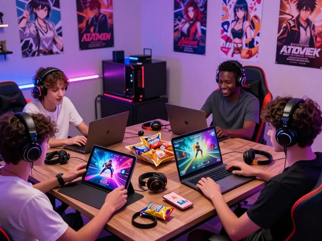 Engaging sex game experiences on devices in a vibrant gaming room.