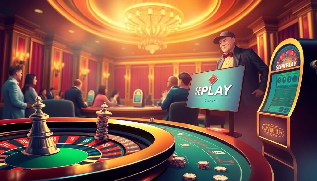 Experience thrilling gameplay at Sepuhplay with a high-stakes poker table set against a luxurious casino backdrop.