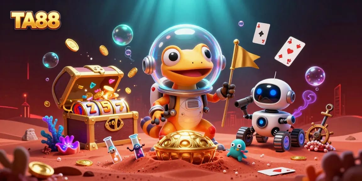 TA88 casino illustration depicting a Martian gecko, treasure, and gambling elements in a vibrant scene.