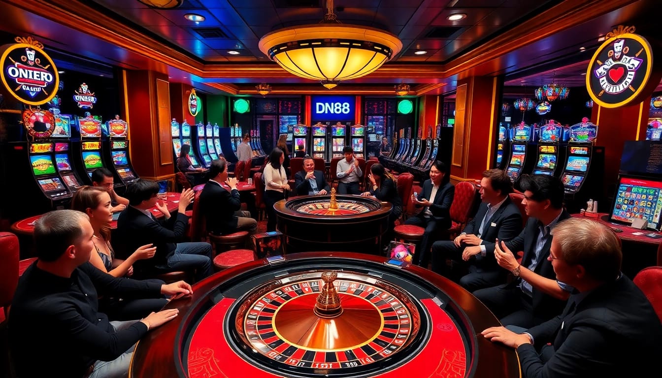 dn88 players celebrating wins at an elegant casino table during an exciting gaming session.