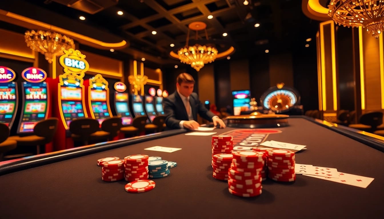 Experience thrilling gameplay at BK8 casino with vibrant chips, cards, and an elegant atmosphere.