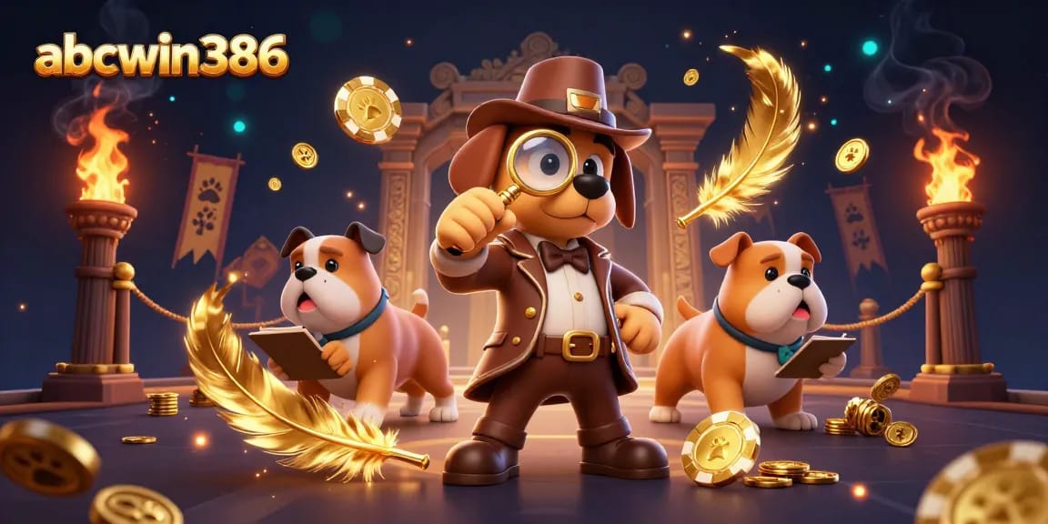 Masuk ke dunia abcwin386 dengan ilustrasi menarik detektif kartun yang memeriksa chip poker emas di arena perjudian