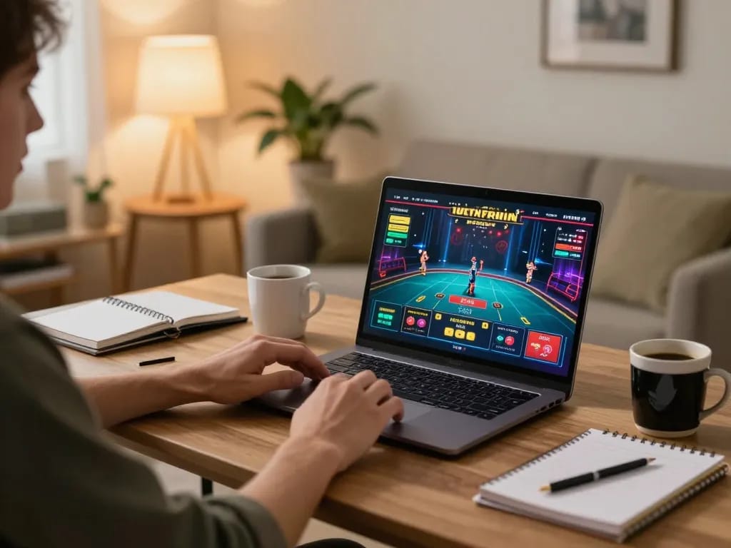 Player enjoying an online casino game at home while engaging with RR88 gaming interface on a laptop