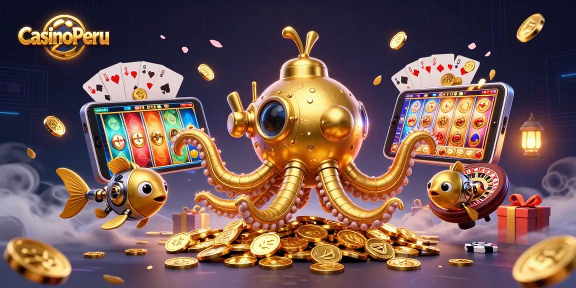 Vive la emoción en CasinoPeru con tragamonedas en 3D y un kraken dorado rodeado de monedas.