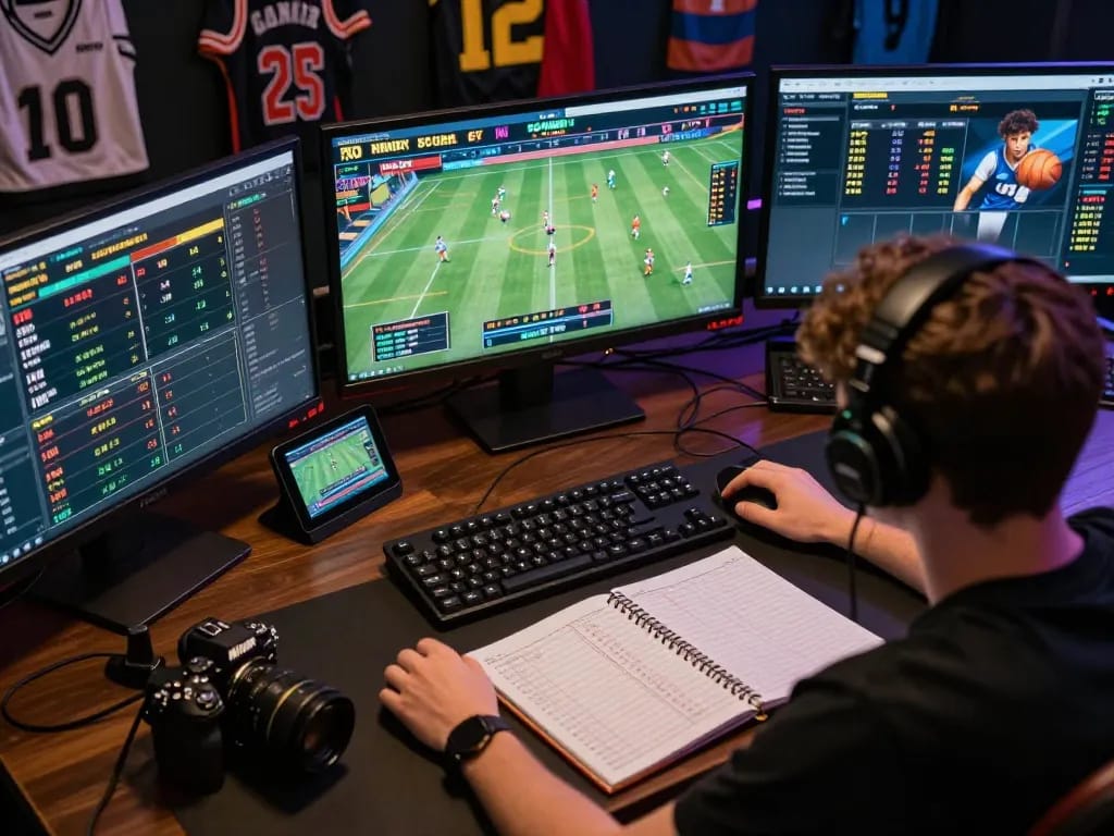 F8BET user placing strategic bets on multiple live sports events with digital devices.