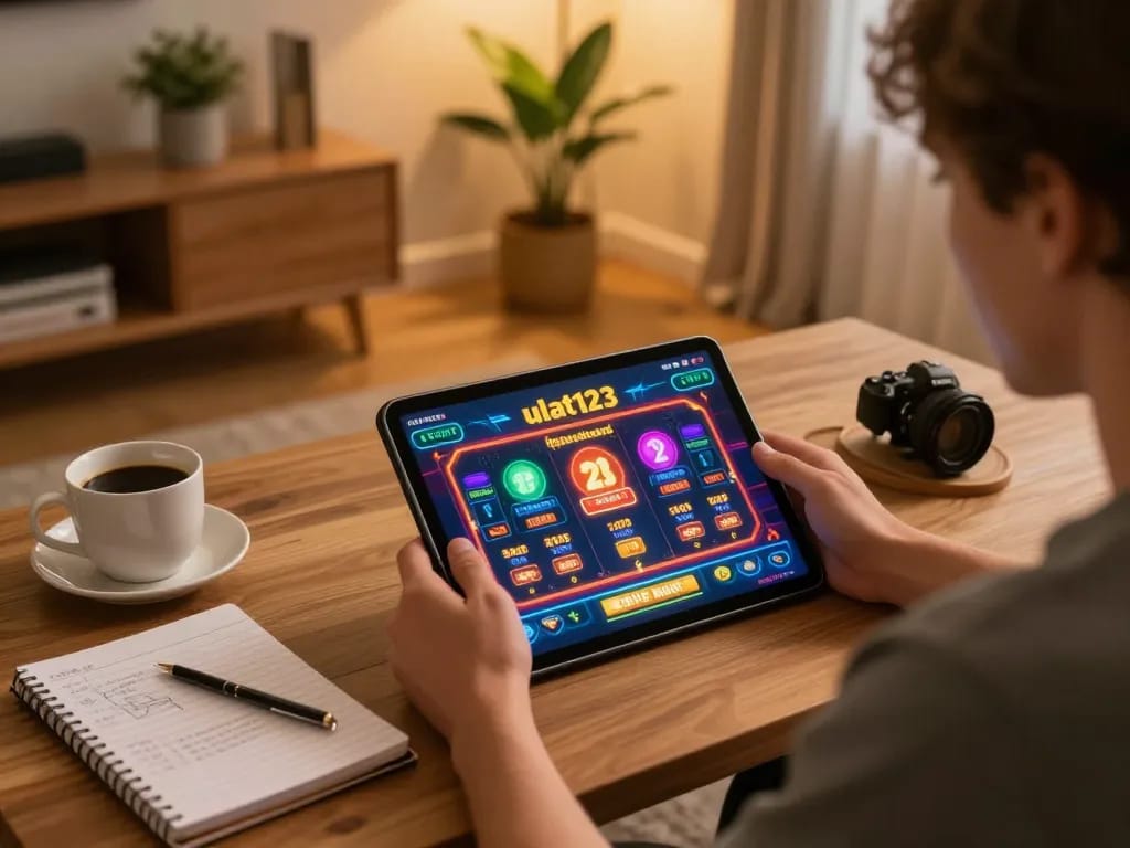 Engaging in online casino gaming with ulat123 interface on tablet, showcasing responsible gambling.