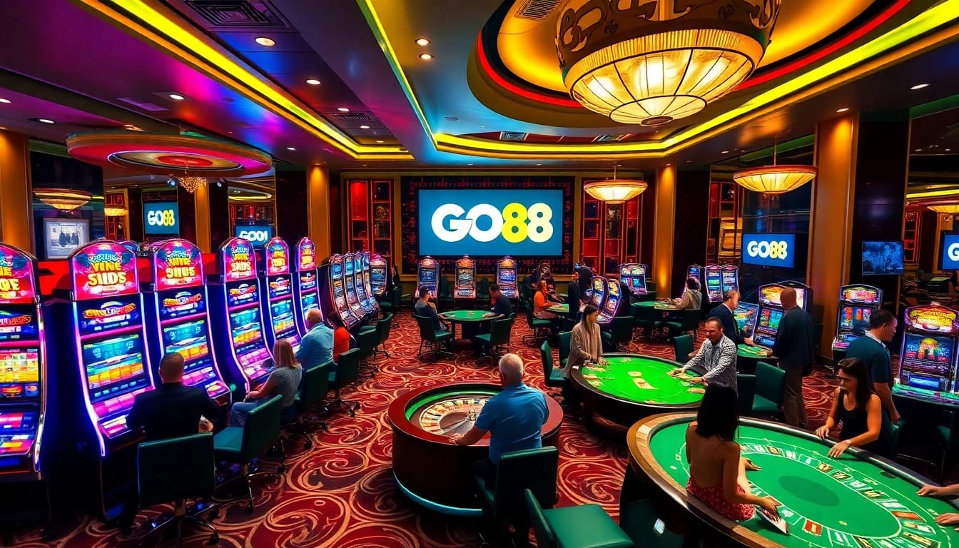 Experience high-stakes gaming action at go 88's luxurious casino atmosphere with vibrant gaming tables and slot machines.