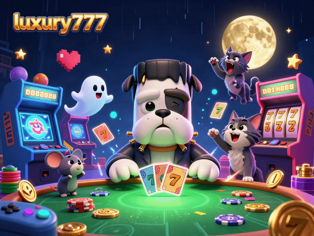 luxury777 menghadirkan suasana kasino dengan bulldog Frankenstein dan makhluk menakutkan bermain kartu
