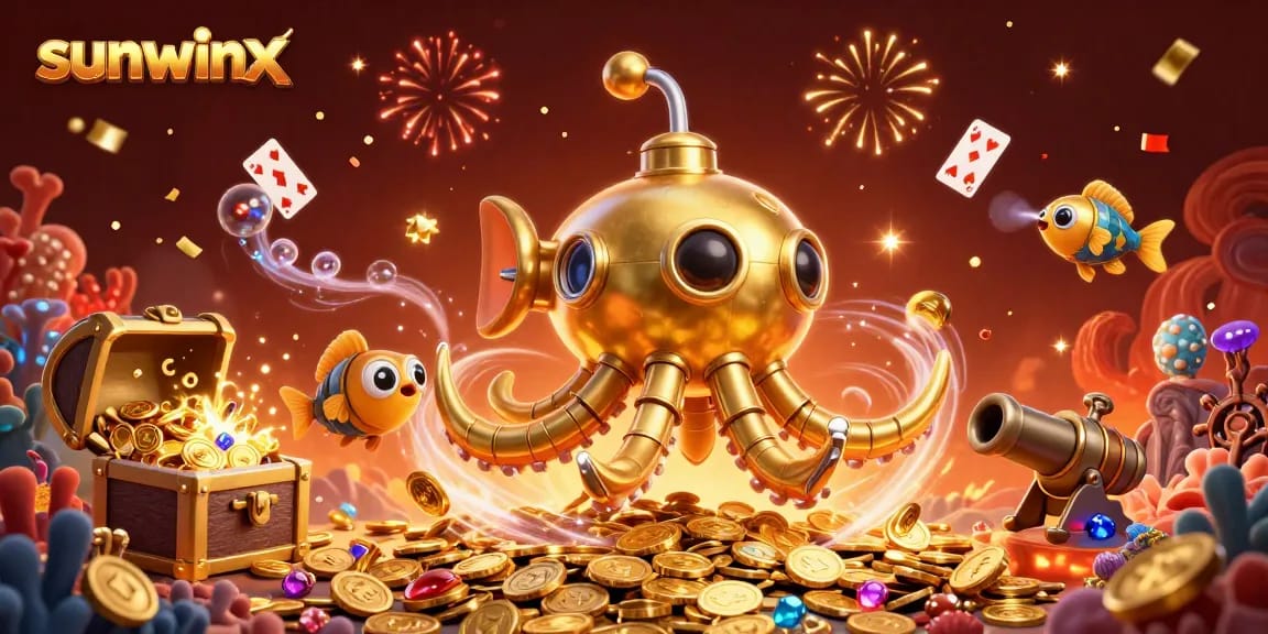 Engage in winning strategies at sunwinx with golden kraken submarine amidst a sea of treasures.