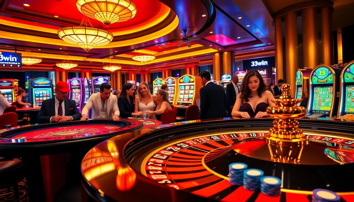 Gambling excitement at 33win casino with roulette tables and poker chips.