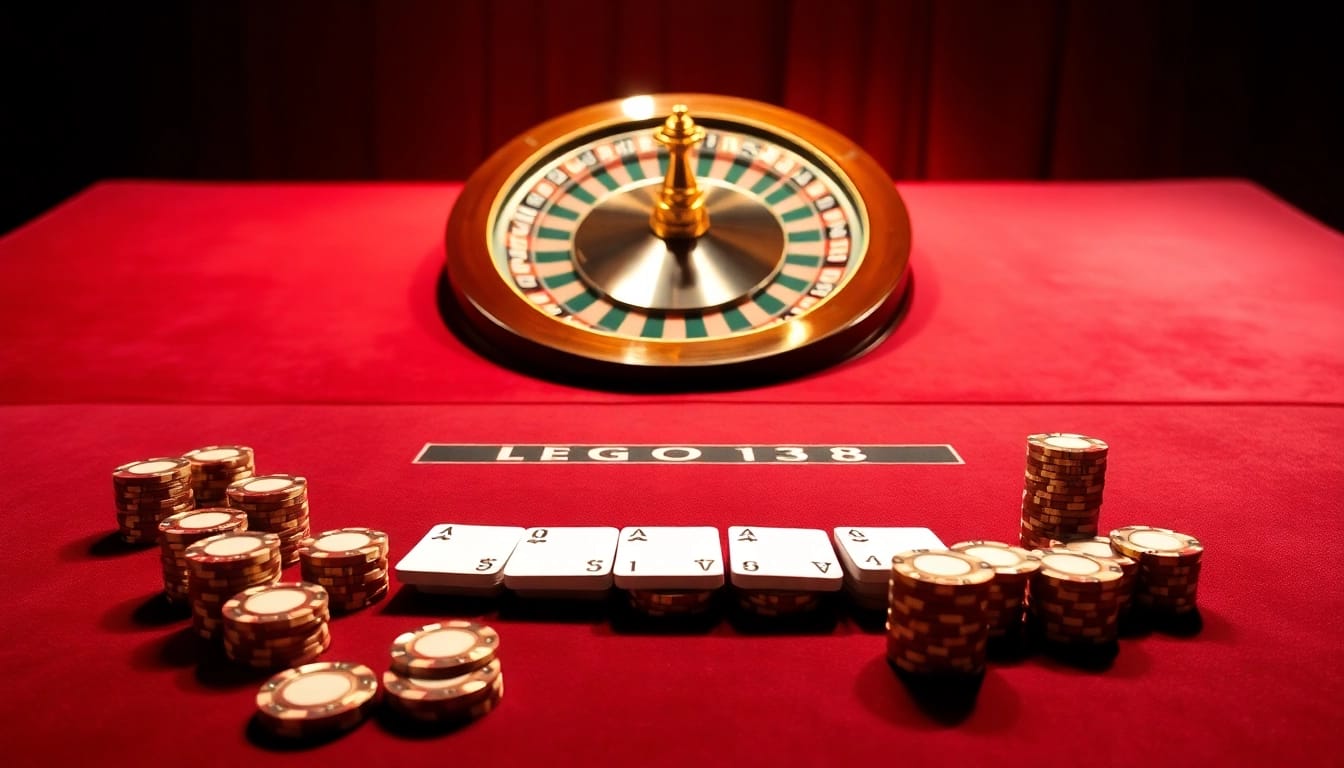 Experience the thrill of lego138 with an elegant casino poker setup and roulette wheel.