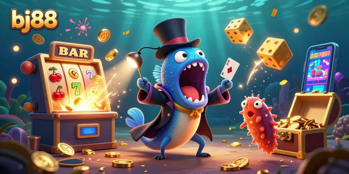 Engage with bj88's thrilling 3D casino scene featuring dynamic deep-sea characters showcasing exciting gambling elements.