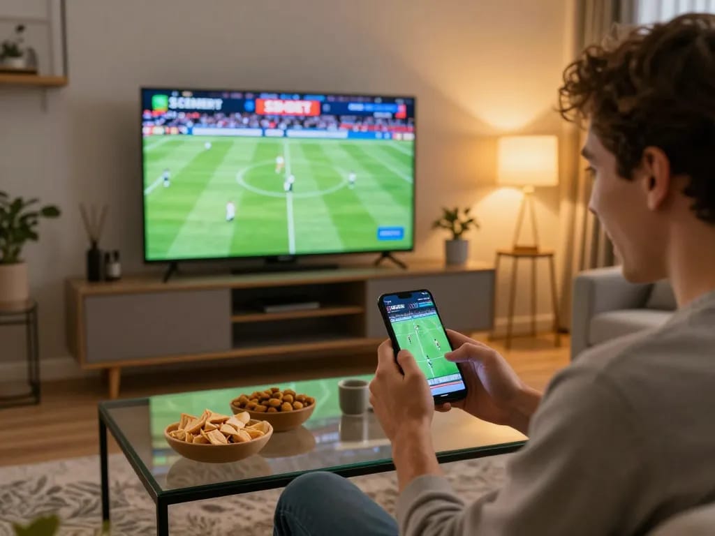 Pengguna SBOBET mobile aktif bertaruh pada pertandingan sepak bola di ruang tamu yang nyaman dengan suasana permainan yang menarik