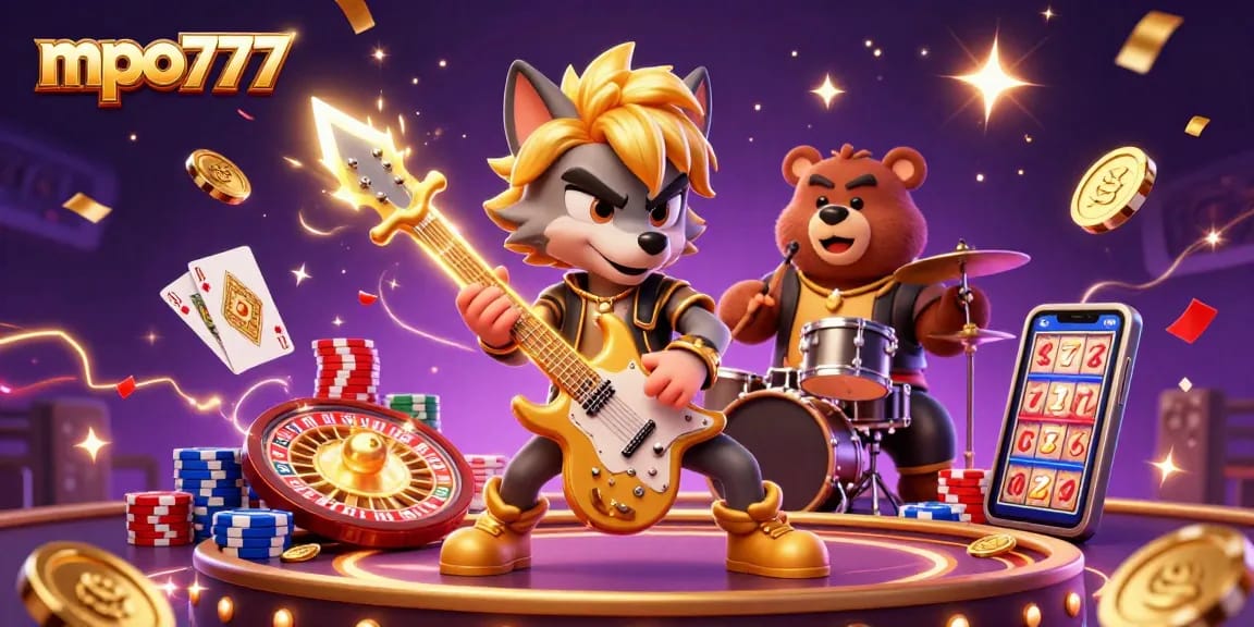MPO777 offers exciting casino action featuring a dynamic 3D rock star wolf and colorful gaming elements.