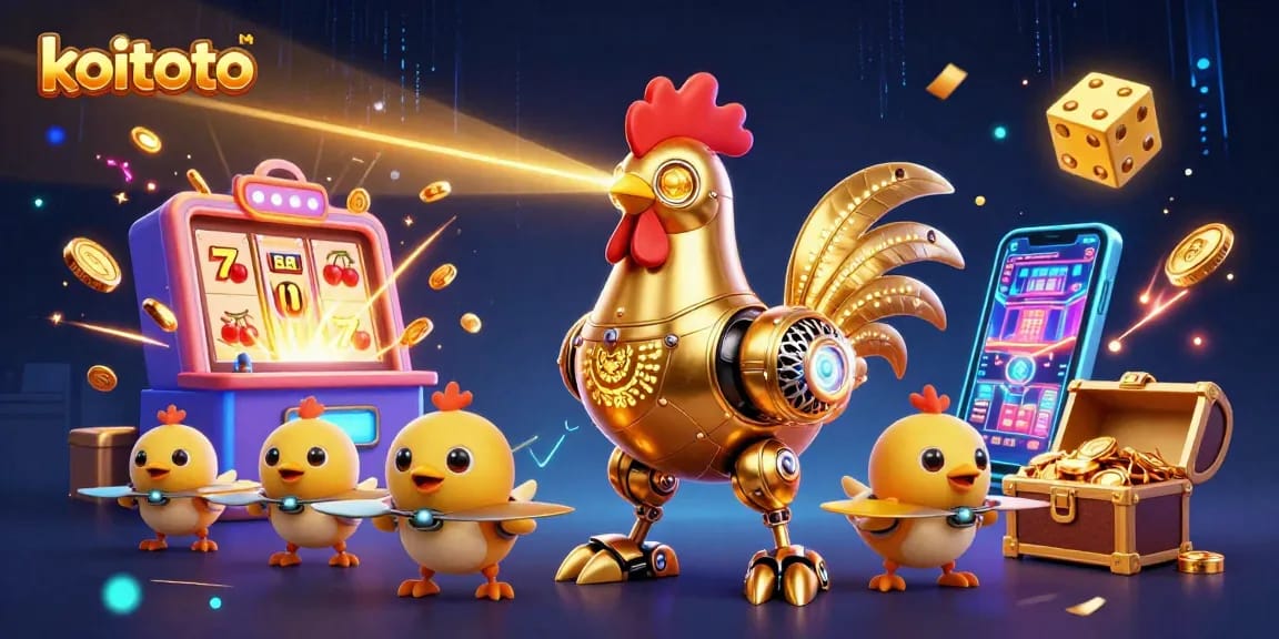 Koitoto engages players with an exciting 3D illustration featuring a golden rooster robot and baby chick drones in a vibrant casino scene