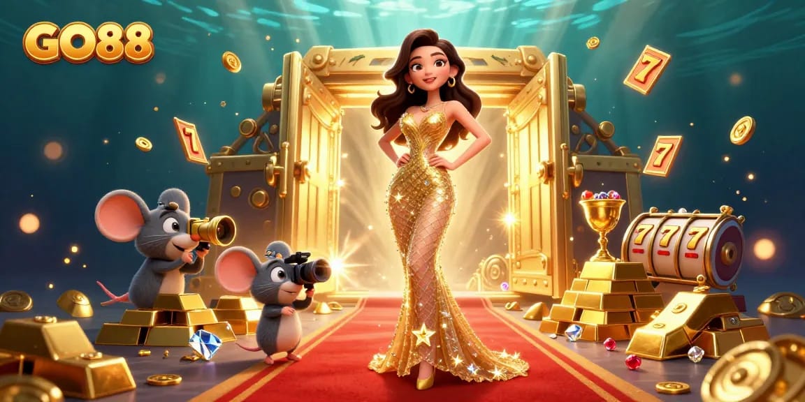 Engage with GO88's thrilling gambling experience featuring stunning visuals of casino activities and treasures.
