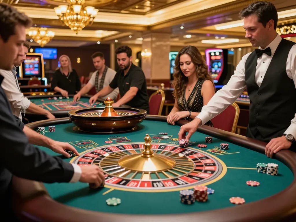 Players engaging in high-stakes roulette at KP88's luxurious casino floor, showcasing vibrant atmosphere.