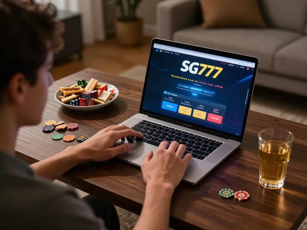 Player engaging in live casino gaming on SG777 platform from a cozy home setup.
