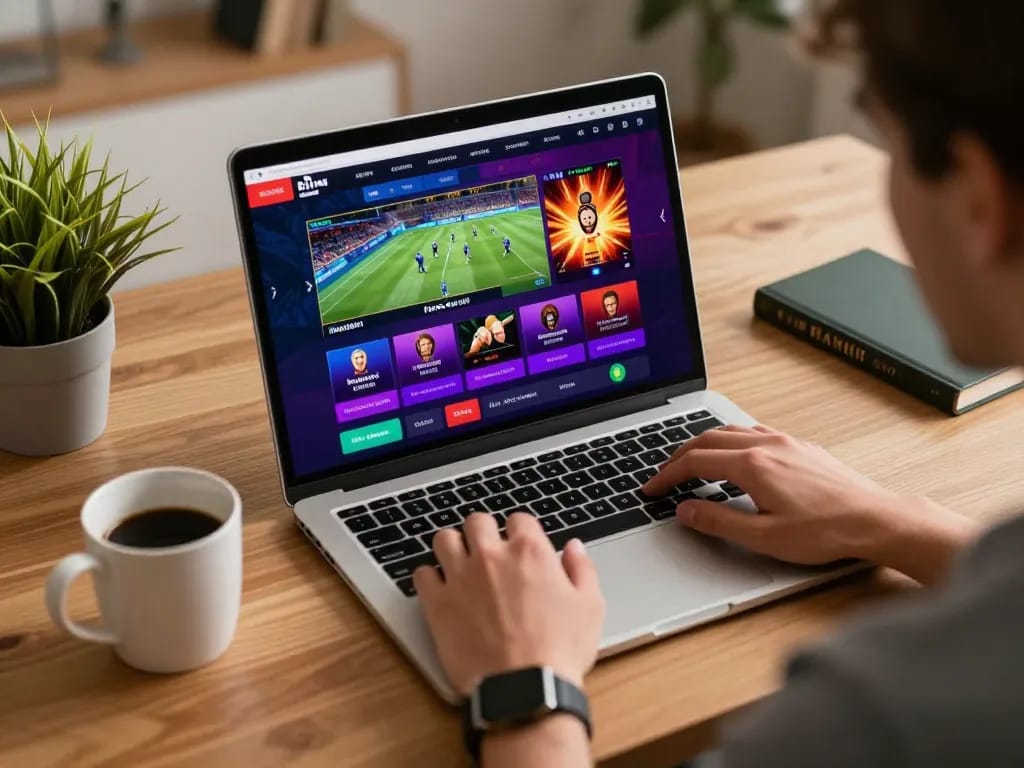 Player immersed in strategic online gambling on laptop showcasing CM88 interface, warm home setting.