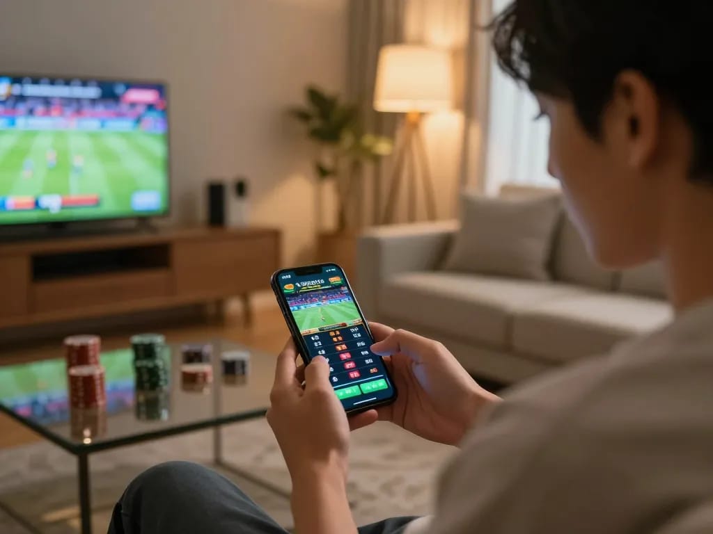 Experience sports betting on XX88 through a smartphone in a modern home setting with warm lighting.
