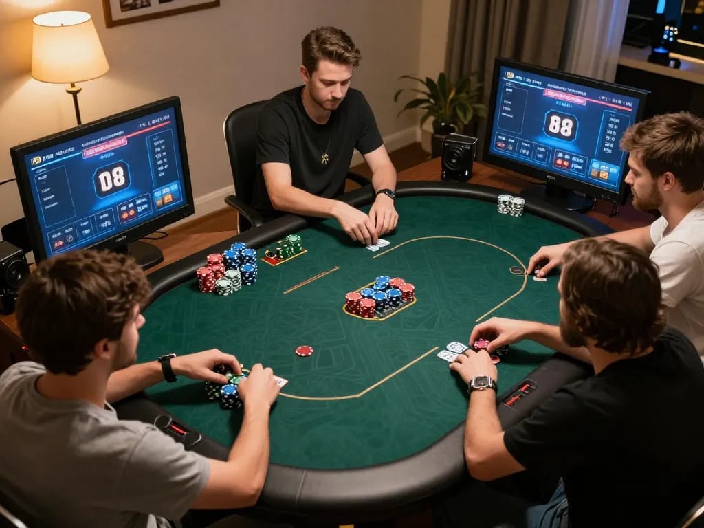 Players engage in a thrilling online poker game at Jun88, strategizing around virtual tables.