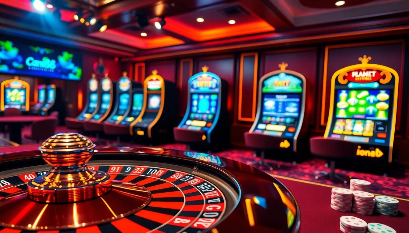 Bong88 casino table scene with vibrant roulette, poker chips, and slot machines showcasing excitement.