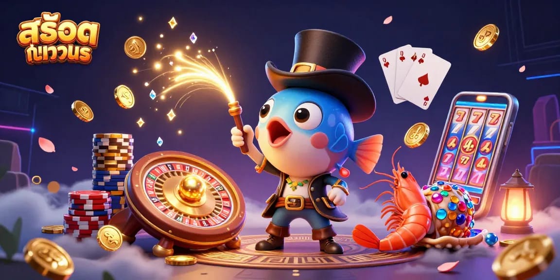 Engage with สล็อตทดลอง experience through this vibrant 3D casino illustration, featuring animated characters and dynamic elements.