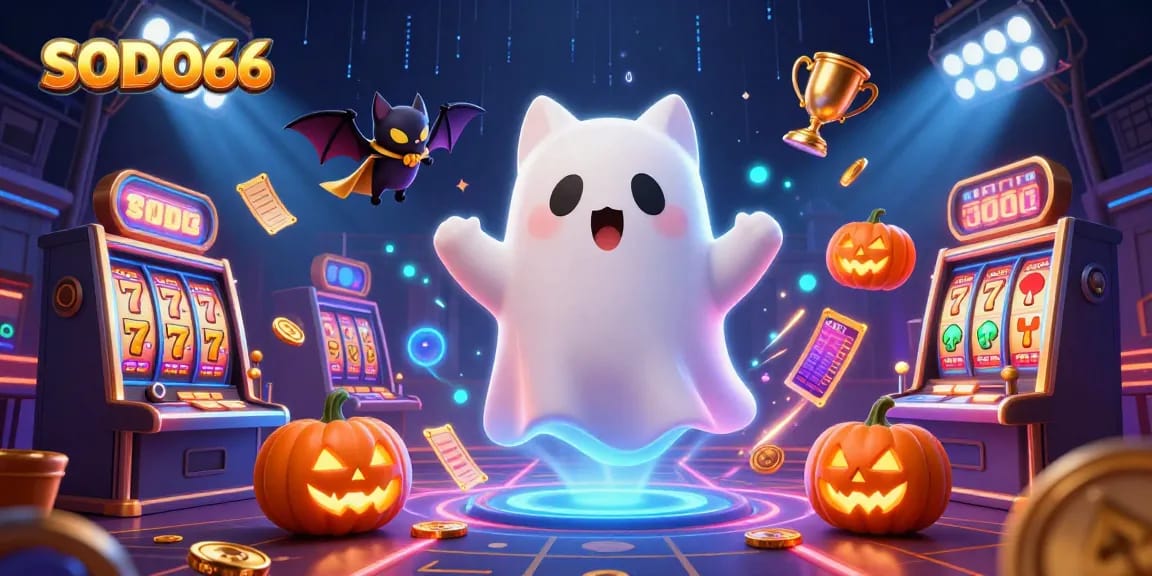 SODO66 brings excitement with a floating ghost cat and bat companion in a haunted casino scene.