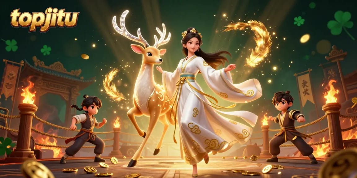 Engage with topjitu at a vibrant Asian-themed online casino scene featuring rich gaming elements.