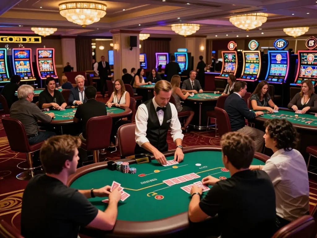 Exciting gameplay at God55 casino with players at poker tables and a dealer shuffling cards.