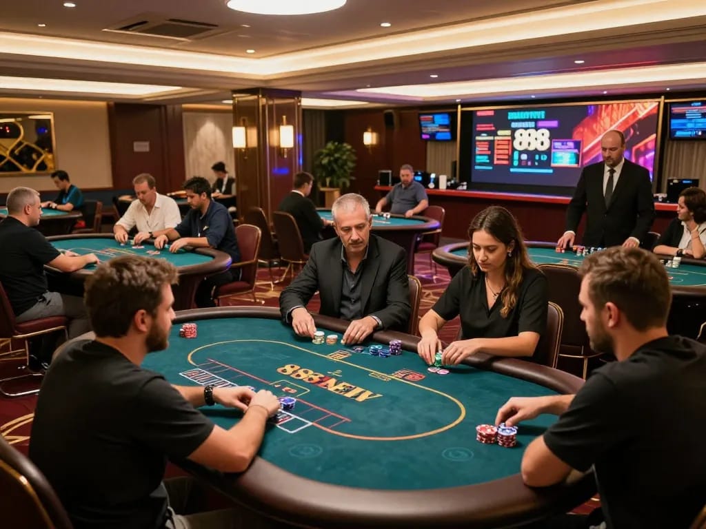 Players enjoying poker games at 888NEW's vibrant casino floor, showcasing a thrilling atmosphere.
