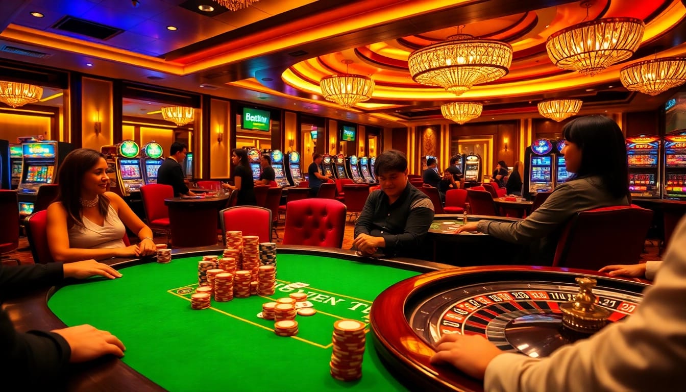 Players enjoying a vibrant moment at the B52club poker table with colorful chips.