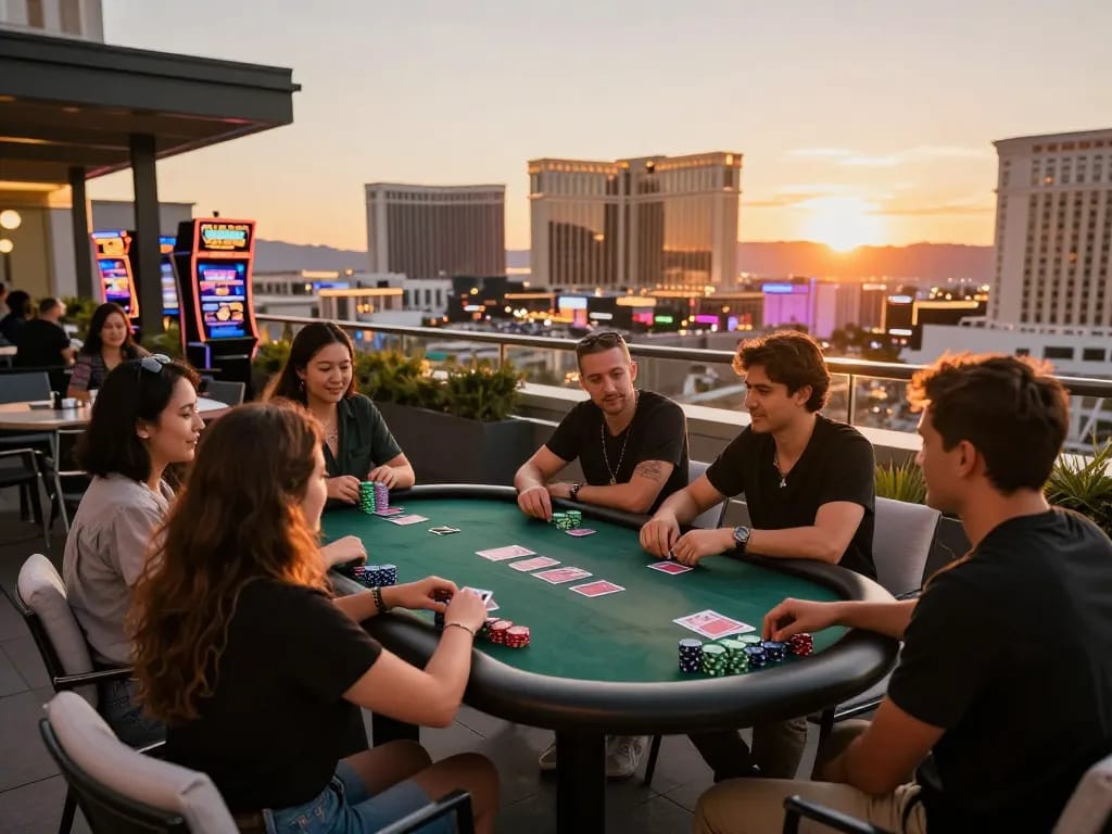 Friends enjoying poker night at mb66 with vibrant Las Vegas skyline in backdrop, highlighting strategic gameplay.
