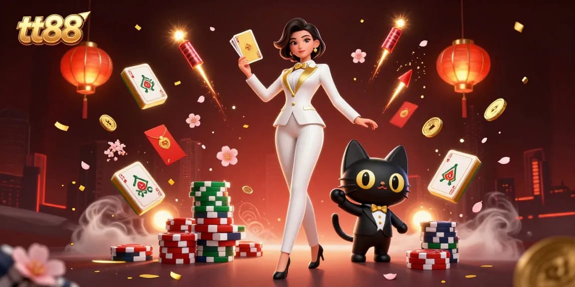 Engage in vibrant gaming action with tt88, showcasing a glamorous dealer and dynamic casino elements.
