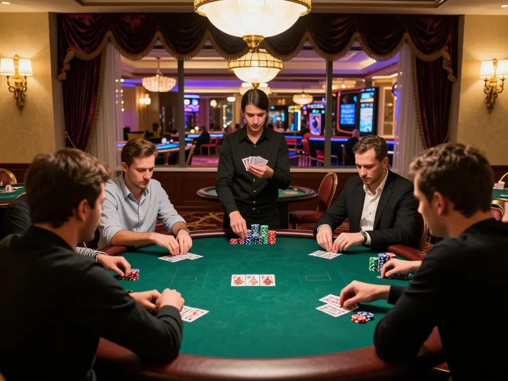 Players engaging in intense poker gameplay at LC88, showcasing strategic chip placement and warm casino lighting